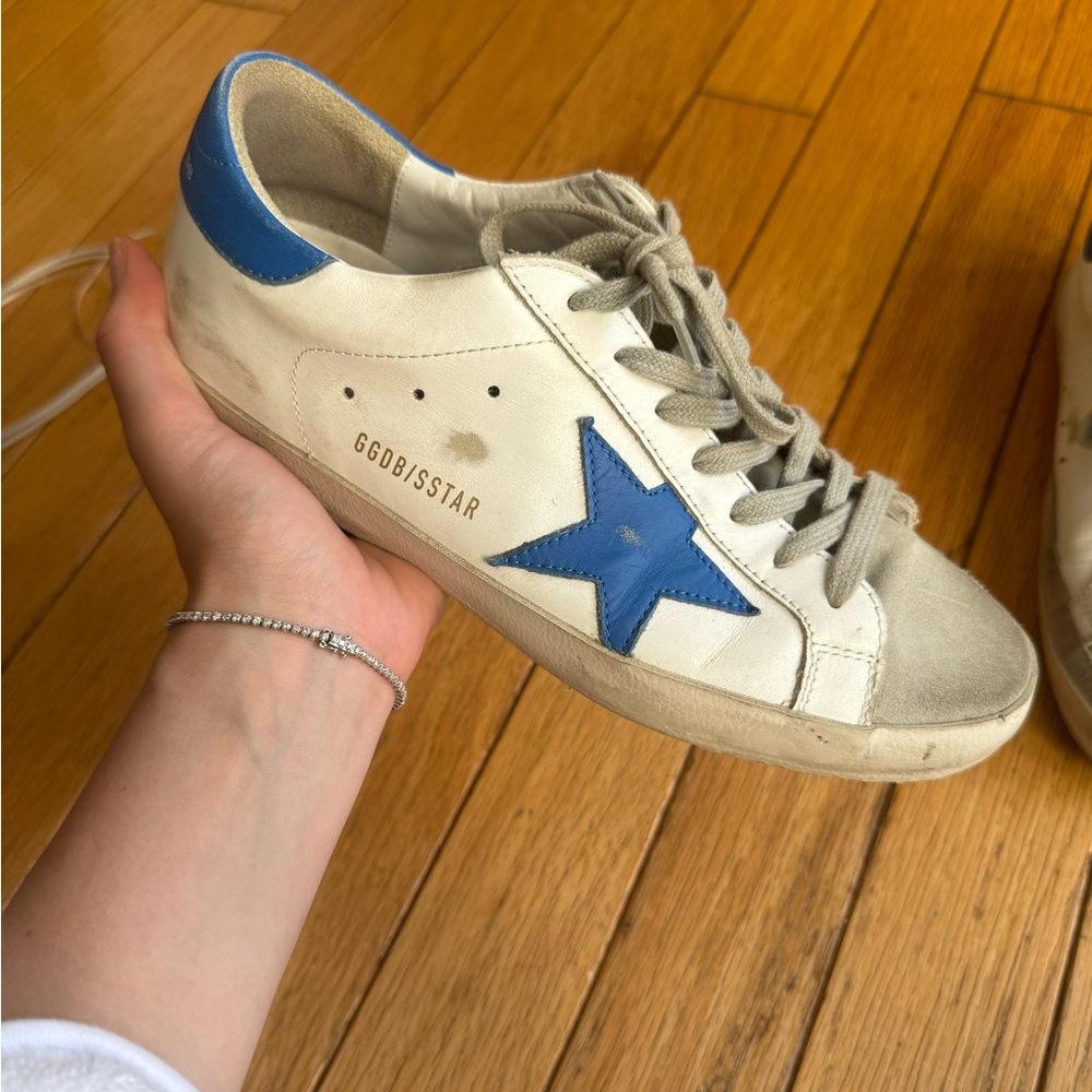 Golden Goose Cream and Blue Star Sneakers